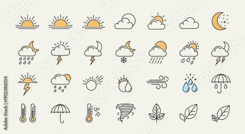 A comprehensive set of weather forecast icons depicting various atmospheric conditions and meteorological elements in a clean line art style.