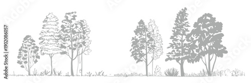 Architectural Drawings of Wetland Forest Sections, Minimal CAD Tree Line Illustration, Side View Landscape Design Section Outline, Vector Line Art Elements for Urban and Ecological Planning