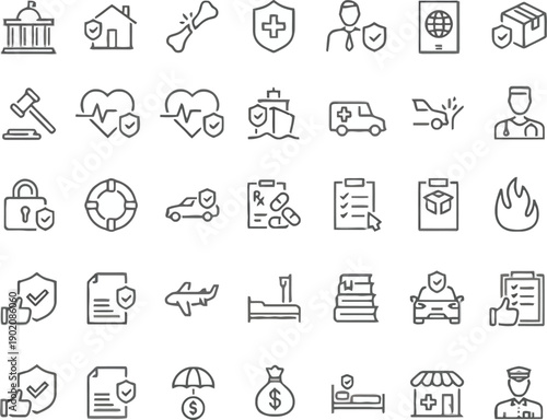Insurance Icons: Protection, Security, and Risk Management Symbols for Financial Services, Policies, and Claims