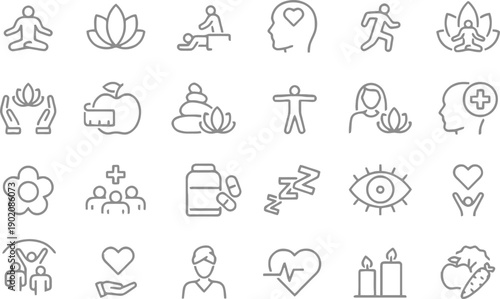 Wellness and Self-Care Icons: Yoga, Meditation, and Healthy Lifestyle Symbols for Health, Fitness, and Mindfulness
