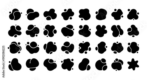 Collection of various black abstract liquid blob shapes and organic amoeba forms on a white background, suitable for graphic design elements.