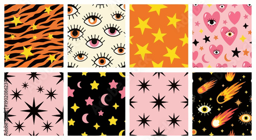 A collection of eight vibrant seamless patterns featuring celestial elements like stars, moons, and comets, alongside mystical eyes, hearts, and animal print.