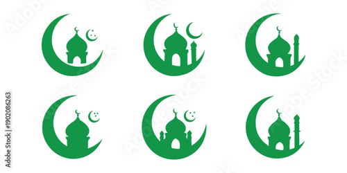Ramadan Kareem Crescent Moon Mosque Silhouette Icon Set. Eid Mubarak Crescent Moon Mosque Silhouette Collection Vector. Black of mosque with crescent moon and star Islamic and Faith and Worship vector