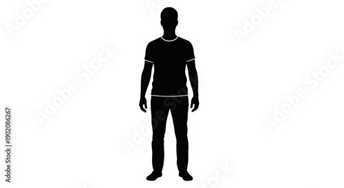 Full body black silhouette of a standing man wearing a t-shirt and pants against a plain white background.