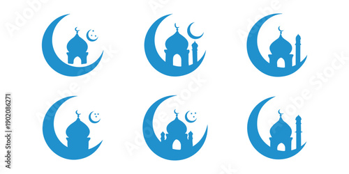 Islamic Night Crescent with Mosque Dome Silhouette Icon Pack. Crescent Moon Mosque Silhouette Set, Islamic Vector Icons. Islamic mosque dome crescent moon symbol. Mosque and Crescent Moon Icons 