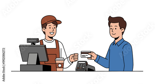 Customer paying with a credit card at a cafe or store counter with a smiling cashier.
