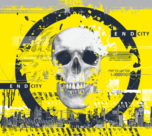 Vector abstract banner. Urbanism, street art, apocalypse. Circle and human skull, grunge-style cityscape.  Anti-war poster.T-shirt design. No ai