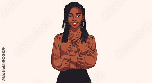 An illustration of a smiling Black woman with dreadlocks, wearing a brown blouse and dark skirt, standing with arms crossed.
