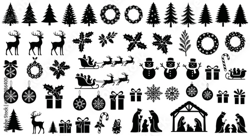 A comprehensive collection of black silhouette Christmas icons featuring trees, reindeer, wreaths, holly, Santa's sleigh, snowmen, gifts, ornaments, and nativity scenes.