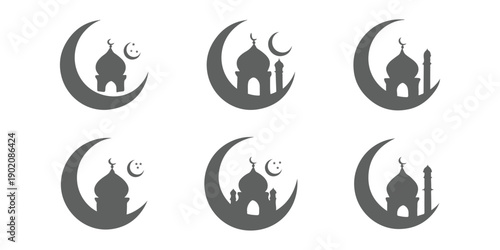 Islamic Night Crescent with Mosque Dome Silhouette Icon Pack. Crescent Moon Mosque Silhouette Set, Islamic Vector Icons. Islamic mosque dome crescent moon symbol. Mosque and Crescent Moon Icons 