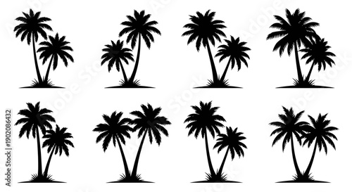 Collection of eight black silhouette illustrations of palm trees with grassy bases, arranged in two rows of four.