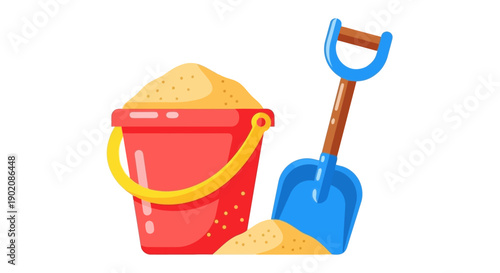 A red sand bucket filled with sand next to a blue shovel, isolated on a white background, ready for play.