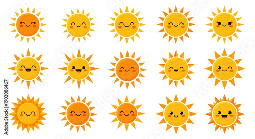 A collection of cute cartoon suns with happy faces and various ray designs, isolated on a white background.