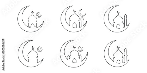 Islamic Night Crescent with Mosque Dome Silhouette Icon Pack. Crescent Moon Mosque Silhouette Set, Islamic Vector Icons. Islamic mosque dome crescent moon symbol. Mosque and Crescent Moon Icons 
