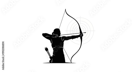 Focused archer taking aim with bow and arrow at target
