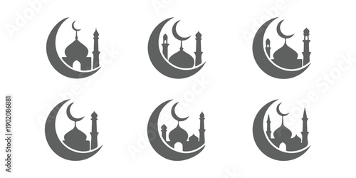 Ramadan Kareem Crescent Moon Mosque Silhouette Icon Set. Collection of Islamic crescent moon mosque dome and star vector icons for ramadan and eid for islamic celebration and love design. 
