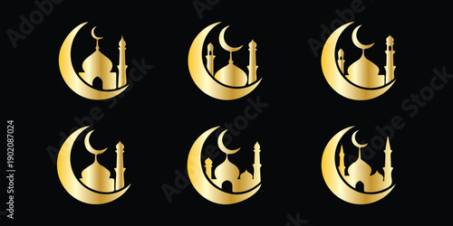 Collection of islamic mosque silhouettes with crescent moon and minarets. Ramadan kareem 2026 celebration Vector. Eid Ramadan Crescent Moon Mosque Minimal Black Icons. Ramadan Mosque in Crescent Moon