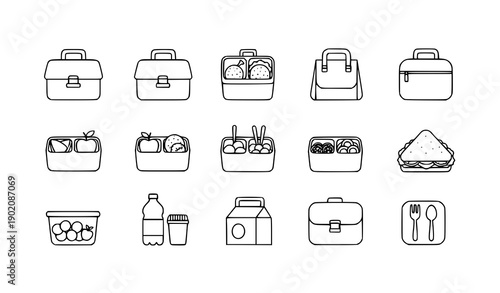 Lunchbox line icon set for school kids meals and educational web design