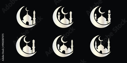 Collection of islamic mosque silhouettes with crescent moon and minarets. Ramadan kareem 2026 celebration Vector. Eid Ramadan Crescent Moon Mosque Minimal Black Icons. Ramadan Mosque in Crescent Moon
