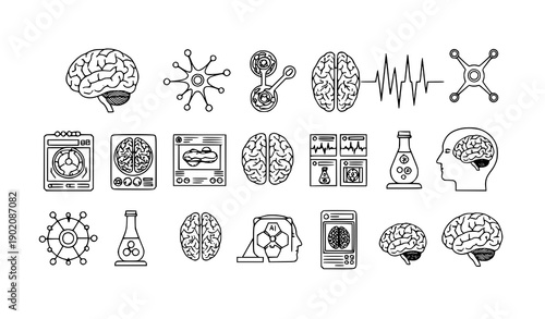 Neuroscience and brain research outline icons for science and education