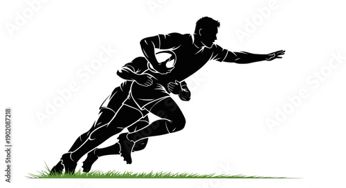 Dynamic rugby player in action with ball on grass field
