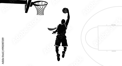Basketball player dunking ball into hoop silhouette