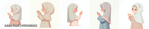 vector half body islamic little girl gesture praying side view