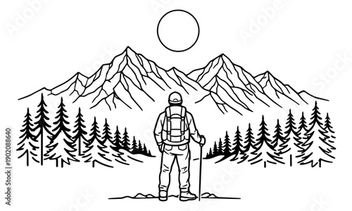 Line art illustration of a hiker depicting adventure in a mountain landscape at sunrise for outdoor travel themes