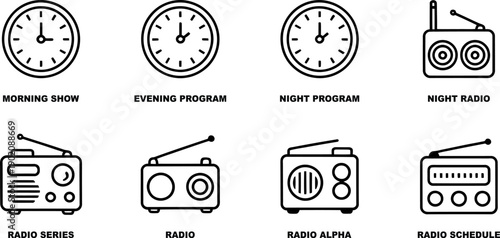 Radio Program Schedule and Clock Line Icons Set