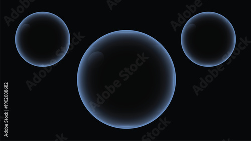 Three translucent blue glowing spheres floating in darkness, abstract background