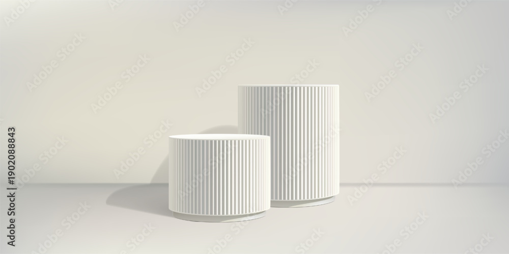 Naklejka premium White round poduim bg, ribbed column pillar 3d render. Two grey bases. Product discount marble stand, fluted elegant pedestal on pastel limbo. Cosmetic promotion empty stage, museum exhibition display
