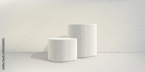 White round poduim bg, ribbed column pillar 3d render. Two grey bases. Product discount marble stand, fluted elegant pedestal on pastel limbo. Cosmetic promotion empty stage, museum exhibition display
