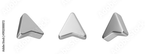 3D chrome arrow icon with metallic gradient texture. Futuristic silver cursor pointer for modern UI design, digital interface navigation element with realistic steel finish.