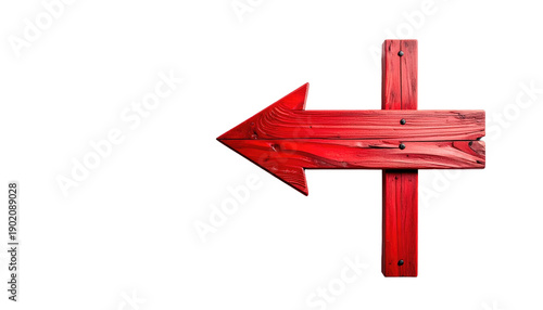 A vibrant, wooden, hand-crafted directional sign. A bold red arrow points left and is secured to a crossbeam with visible hardware against a black backdrop