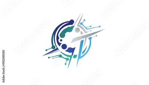 Abstract technological compass symbol with interconnected digital network elements, representing innovation, global communication, and strategic direction in a modern, dynamic design