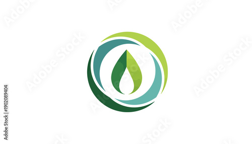 Abstract circular logo design featuring a stylized green leaf inside swirling blue and green rings, symbolizing growth and nature