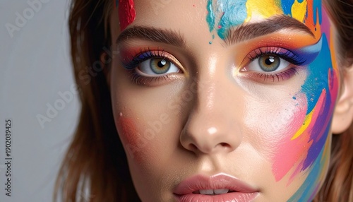 Close-up portrait of a woman with vibrant, artistic facial paint, showcasing creative expression and colorful beauty