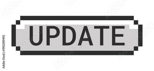 Update monochrome pixel art button. Reload refresh. Sync content. New version. Latest data. Upgrade software. Grayscale retro UI. 8-bit style CTA. Pixelated 16bit web sticker. Roboto Mono font used