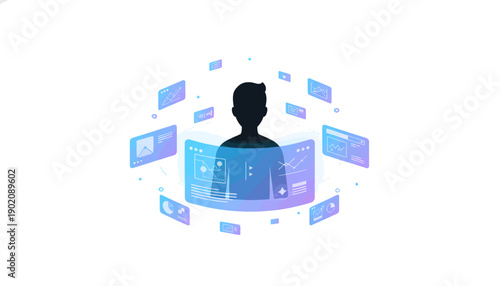 Futuristic Human Silhouette Surrounded by Interactive Digital Screens and Data Visualization