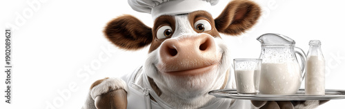 Portrait of a Cute Smiling Chef Cow Holding a Tray of Fresh Milk in a Bottle, a Glass and a Glass Carafe, Isolated on White Background with Copy Space. Healthy Eating Concept. Generative Ai.