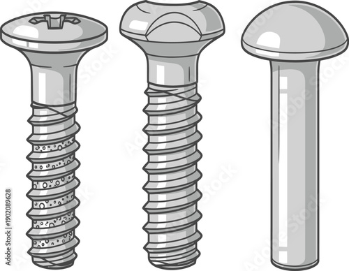 Three types of screws isolated on a white background, displaying different head and thread designs for various applications