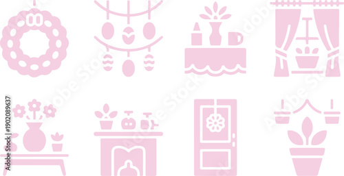 Collection of light pink icons depicting various Easter and spring home decoration elements