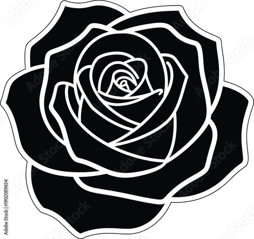 Captivating black rose silhouette with crisp white outlines, a timeless vector illustration embodying nature's sophisticated beauty and romantic allure for diverse design projects
