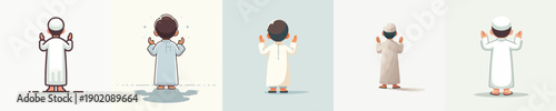 vector islamic little boy standing gesture praying back view