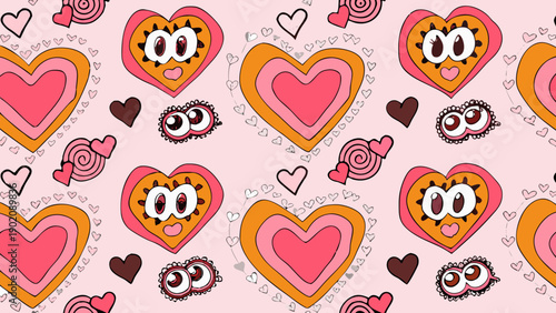 Seamless valentine's day pattern with cute cartoon hearts and lollipops on pink background for valentine's day and love themed designs