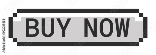 Buy now monochrome pixel art button. Immediate purchase. Online transaction. Product checkout. Ecommerce. Grayscale retro UI. 8-bit style CTA. Pixelated 16bit web sticker. Roboto Mono font used