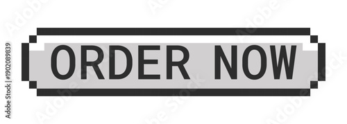 Order now monochrome pixel art button. Online checkout. Product ecommerce. Quick buy item. Place purchase. Grayscale retro UI. 8-bit style CTA. Pixelated 16bit web sticker. Roboto Mono font used