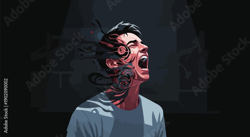 Screaming man with face disintegrating into smoke vector illustration