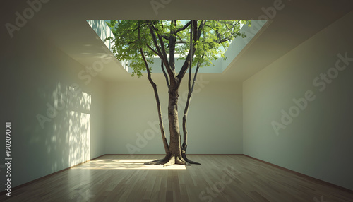 Indoor tree growing through ceiling symbolizing harmony between nature, architecture, and sustainability.