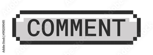 Comment monochrome pixel art button. Text reply. Post feedback engagement. User reaction. Online discussion. Grayscale retro UI. 8-bit style CTA. Pixelated 16bit web sticker. Roboto Mono font used